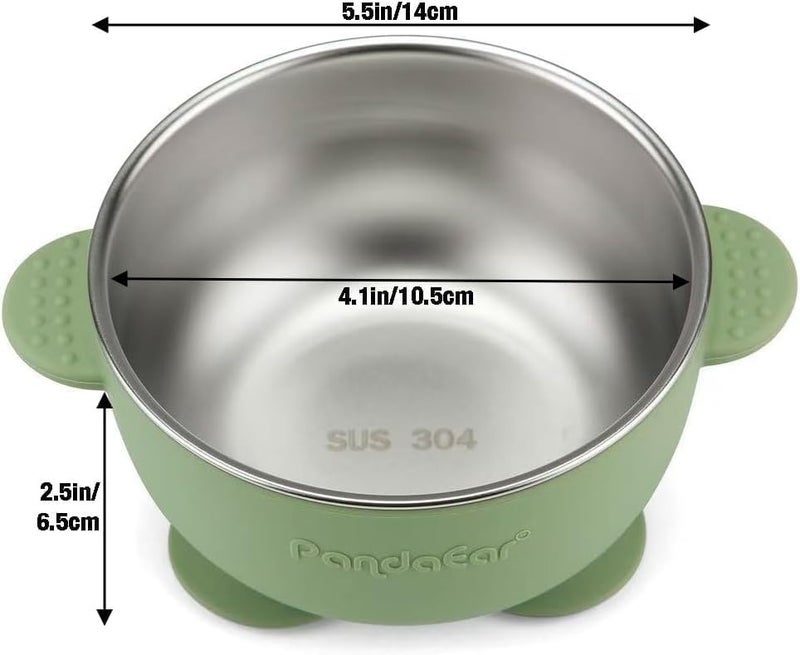 PandaEar طقم 2 وعاء من الفولاذ المقاوم للصدأ مع شفط للأطفال و4 قطع من أدوات الطعام السيليكونية، أطباق طعام غير قابلة للانزلاق للأطفال مع غلاف سيليكون ومجموعة ملعقة وشوكة مضادة للاختناق لتغذية الأطفال - Image 5